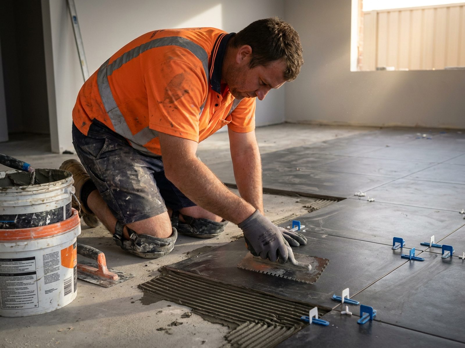 Tiler laying large-format floor tiles